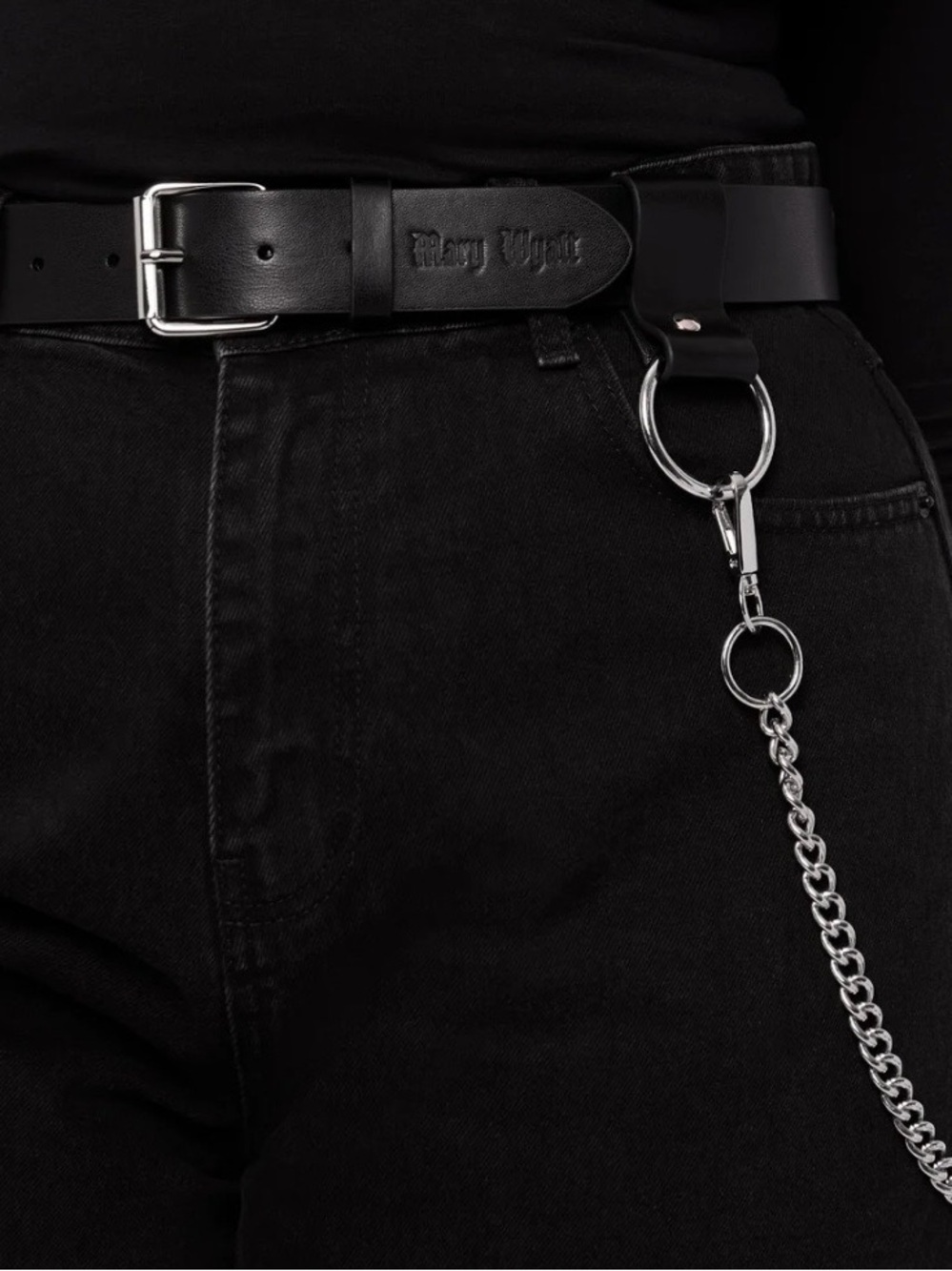 Black Leather Belt with Silver Chain - Mary Wyatt